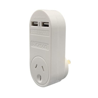 JACKSON Single Plug USB Wall Charger - 2x USB Charging Outlets (2.1A total) Power status indicator and a 240V mains outlet.