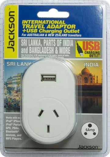 JACKSON Outbound Travel Adaptor With 1x USB Charging Port. Converts NZ/AUS Plugs for use in Sri Lanka & Parts of India. PTA8814USB
