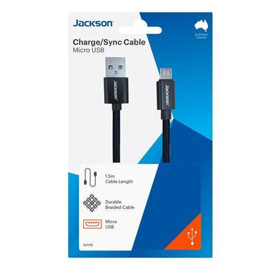 JACKSON 1.5m USB-A to Micro USB Sync & Charge Cable. Braided Cable Provides Extra Durability. Black Colour.