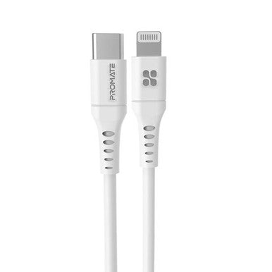 PROMATE 3m 20W PD USB-C to Lightning Charge & Sync Cable. For Apple iPhone, iPad, & iPad Mini. Soft Touch Silicone. Anti Snap Tangle Free Design. White *Not MFI Certified* POWERLINK-300.WH
