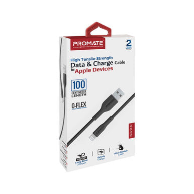 PROMATE 1M USB-A to Lightning Connector Super Flexible Cable. Supports 2A Charging & 480Mbps Data Transfer. Black Colour. XCORD-AI.BLK