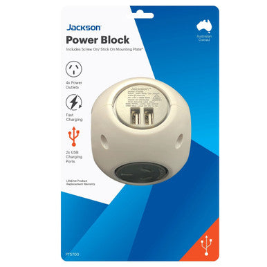 JACKSON 0.9m 4-way mountable power block. 2x USB-A (fast charge 2.1A). Overload protection. Includes mounting plate. Colour White/Grey finish. PT5700