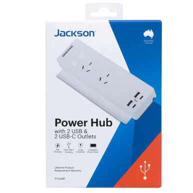 JACKSON 10A Power Hub with 2x USB-A - 2x USB-C Ports & 2x 3Pin Power Outlets. Integrated Phone Stand. Surge Protection. Indicator Light. Cable Management. 1.2m Lead with Right Angle Plug.