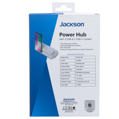 JACKSON 10A Power Hub with 2x USB-A - 2x USB-C Ports & 2x 3Pin Power Outlets. Integrated Phone Stand. Surge Protection. Indicator Light. Cable Management. 1.2m Lead with Right Angle Plug.