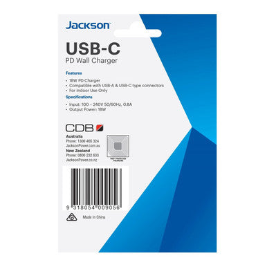 JACKSON 18W Dual Port USB Wall Charger with 1x USB-A & 1x USB-C Ports. Fast Charge 18W PD.