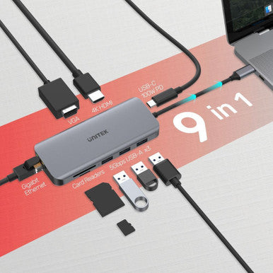 UNITEK 9-in-1 USB 3.1 Multi-Port Hub with USB-C Connector. Includes 1x HDMI Port, 1x VGA Port, 3x USB-A Ports, 1x RJ45, Card Reader, Plus PD 100W.