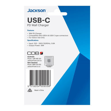JACKSON 18W Dual Port USB Wall Charger with 1x USB-A & 1x USB-C Ports. Fast Charge 18W PD.