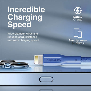 PROMATE 1M USB-A to Lightning Connector Super Flexible Cable. Supports 2A Charging & 480Mbps Data Transfer. Blue Colour.