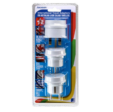 JACKSON Pack of 3 Travel Adapters NZ/AU Socket to US - UK - Europe Plug . Suitable for over 150 countries