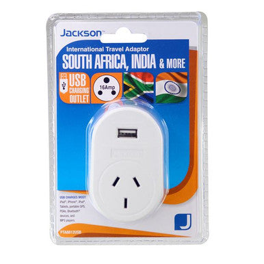 JACKSON Outbound Travel Adaptor. With 1x USB Charging Port. Converts NZ/AUS Plugs for use in South Africa & Parts of India.