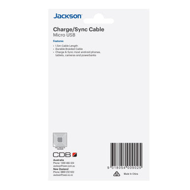JACKSON 1.5m USB-A to Micro USB Sync & Charge Cable. Braided Cable Provides Extra Durability. Black Colour.