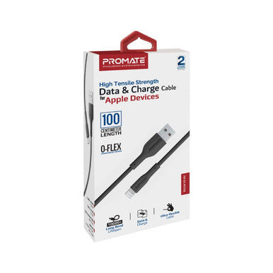 PROMATE 1M USB-A to Lightning Connector Super Flexible Cable. Supports 2A Charging & 480Mbps Data Transfer. Black Colour. XCORD-AI.BLK