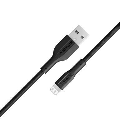 PROMATE 1M USB-A to Lightning Connector Super Flexible Cable. Supports 2A Charging & 480Mbps Data Transfer. Black Colour. XCORD-AI.BLK
