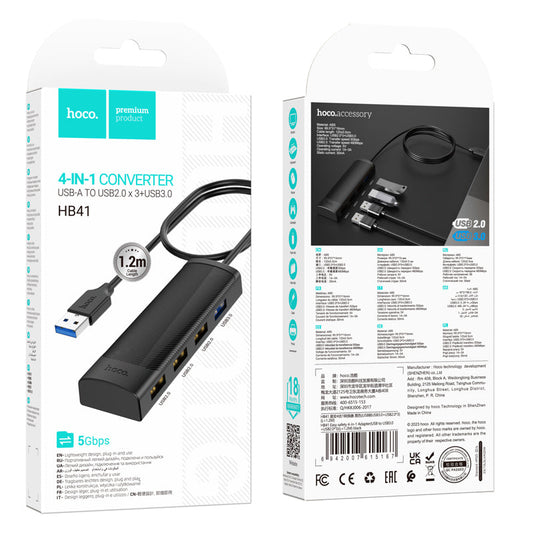 Hoco 4 in 1 USB Expansion Hub (HB41) [ USB-A to 3 x USB-A 2.0 + 1 x USB-A 3.0 (1.2 meter)]