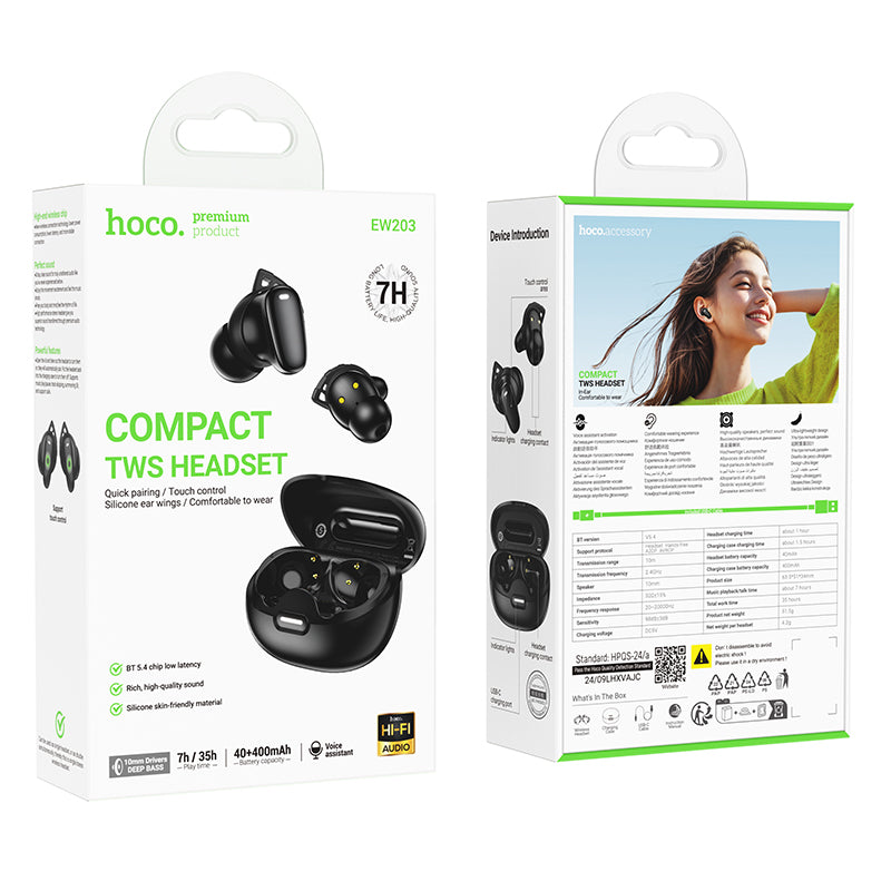 TWS Earbud w/ 7 Hour, Deep Bass, Compact Design, Soft Silicone Ear Wings (EW203) [Black]