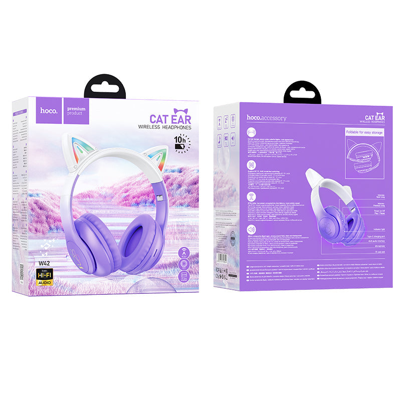 Hoco Bluetooth Cat Ear Headset w/ LED Light (W42) [ Purple ]