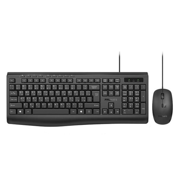 Promate Eronomic Wired Multimedia Keyboard & Mouse. 1.5M Cables, Quite Keys, Angled Kickstand, Spill Resistant Keyboard, 2400Dpi Mouse, Anti-Slip Silicone Grip, Plug & Play.