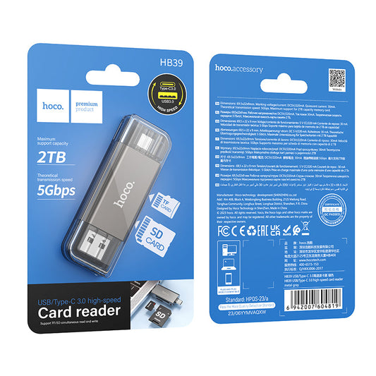 Hoco USB 3.0 High Speed Memory Card Reader with USB-A / USB-C Dual Plug (HB39)