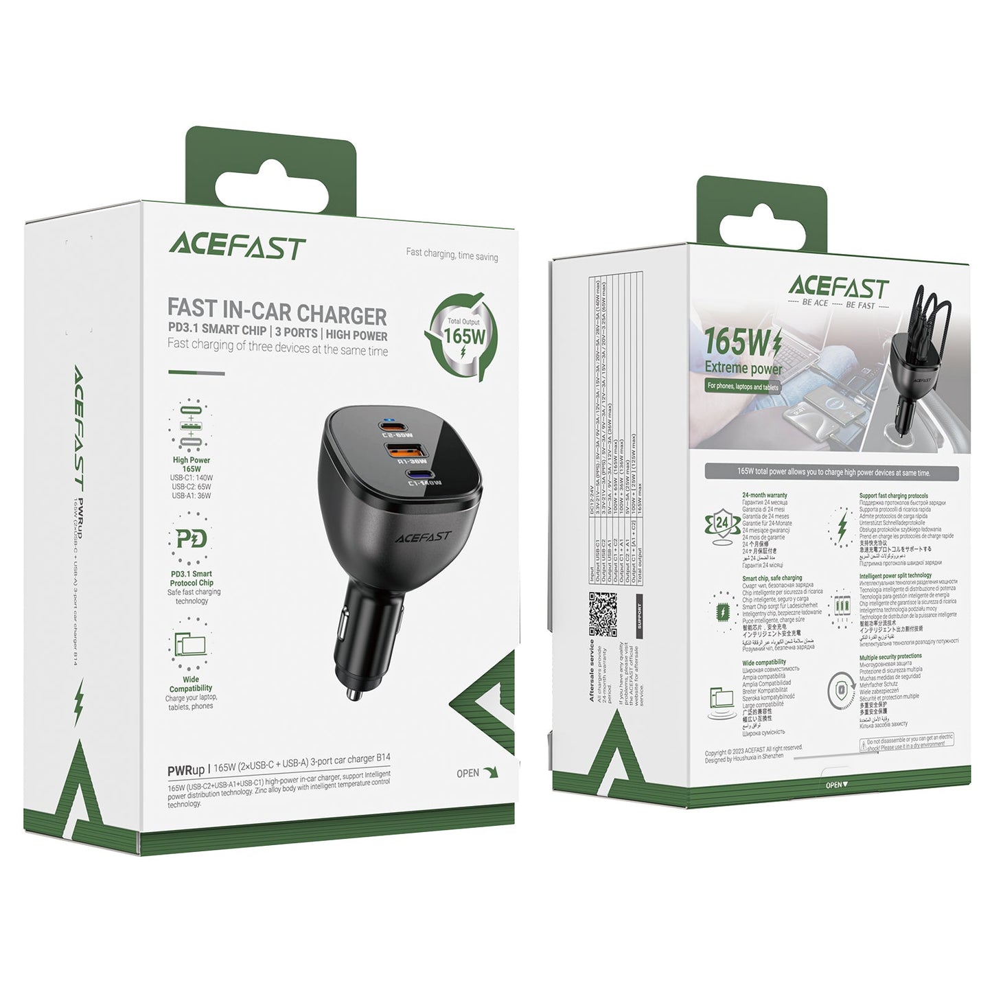 Acefast 165W High Power 3-Port Car Charger w/ 2 x USB-C + USB-A, PD3.1 Microchip (B14)