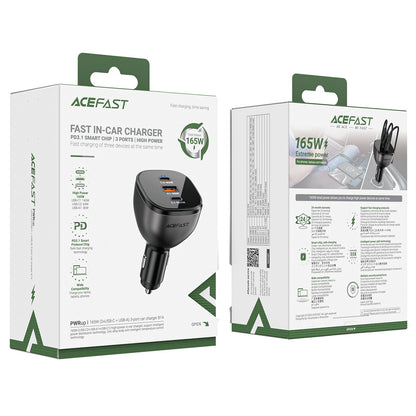 Acefast 165W High Power 3-Port Car Charger w/ 2 x USB-C + USB-A, PD3.1 Microchip (B14)