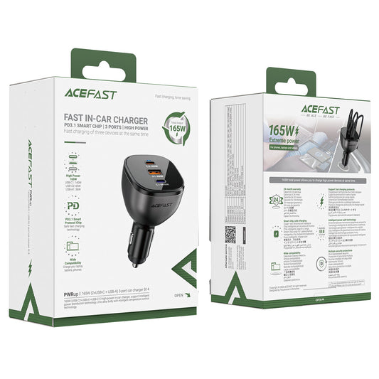 Acefast 165W High Power 3-Port Car Charger w/ 2 x USB-C + USB-A, PD3.1 Microchip (B14)