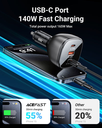 Acefast 165W High Power 3-Port Car Charger w/ 2 x USB-C + USB-A, PD3.1 Microchip (B14)