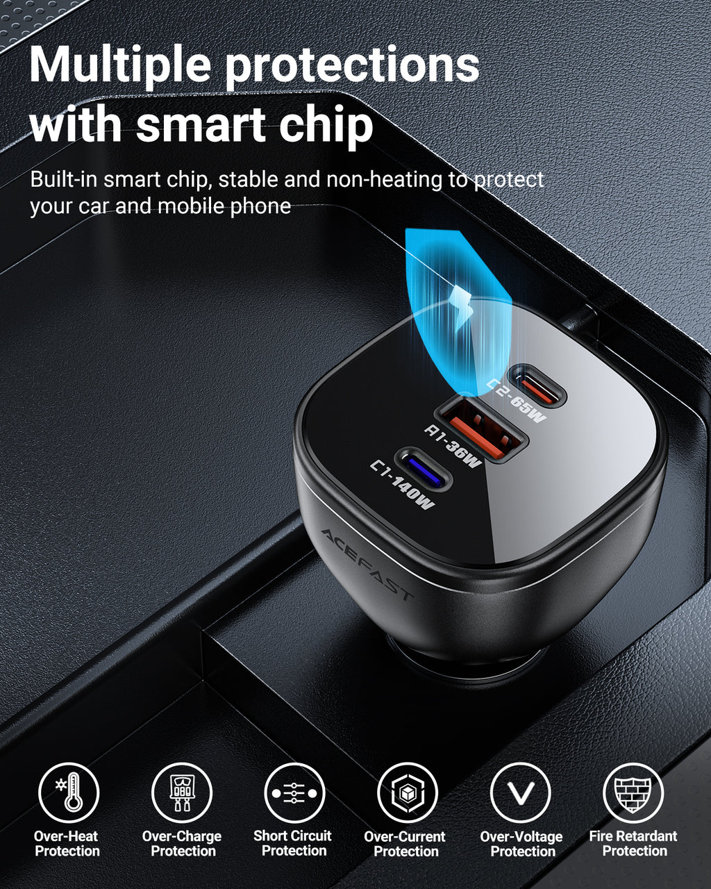 Acefast 165W High Power 3-Port Car Charger w/ 2 x USB-C + USB-A, PD3.1 Microchip (B14)