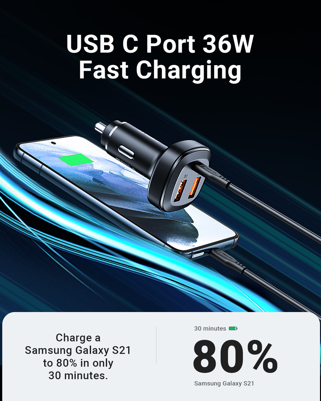 Acefast 66W 3-Port Super Fast Car Charger w/ 2 x USB-A + UAB-C, Zinc Alloy Body (B9)