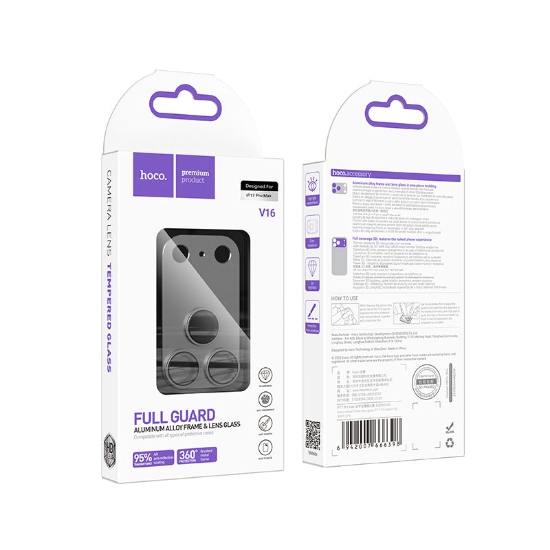 Hoco Premium Full Guard Camera Lens Protector w/ Aluminium Camera Housing Frame (V16) - [ iPhone 17 Pro Max - Space Gray ]