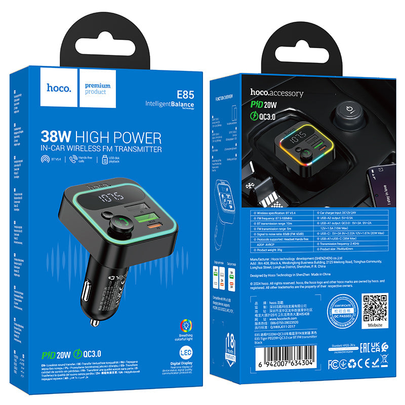Hoco 38W FM Car Kit with PD+QC, RGB Light (E85)