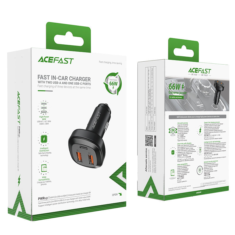 Acefast 66W 3-Port Super Fast Car Charger w/ 2 x USB-A + UAB-C, Zinc Alloy Body (B9)