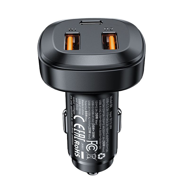 Acefast 66W 3-Port Super Fast Car Charger w/ 2 x USB-A + UAB-C, Zinc Alloy Body (B9)