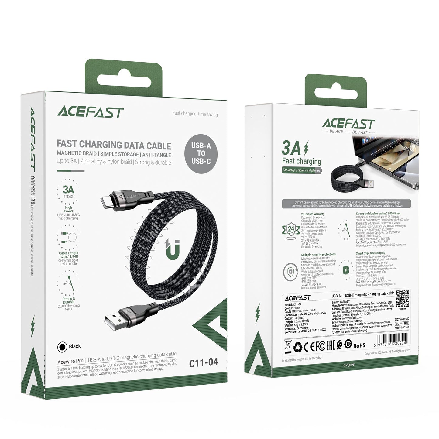 Acefast 3A/60W Super Durable Zinc Alloy Nylon Braided Cable w/ Magnetic Anti-Tangle (C11)3A USB-A to USB-C [ 3A USB-A to USB-C]