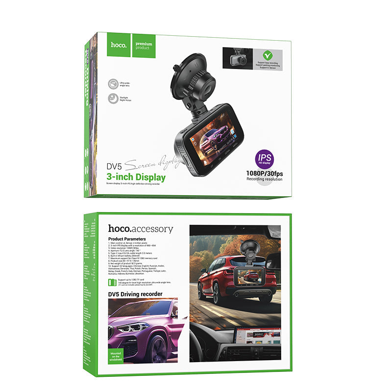 Hoco Dash Cam for Car w/ 3 inch IPS HD Display, 1080P/30FPS Camera, Sturdy Windshield Fit (DV5)