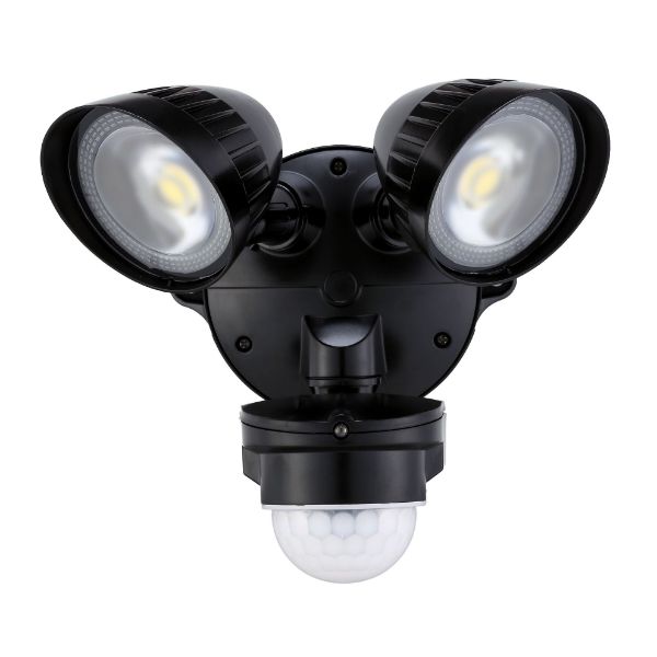 HOUSEWATCH 20W Twin LED 2x Spotlights with Motion Sensor. IP54. Passive IR. 22m Detection Range. Detection Angle 240 Degree. 4000 Lumens. Timing & Lux Adjustments. Black Colour.