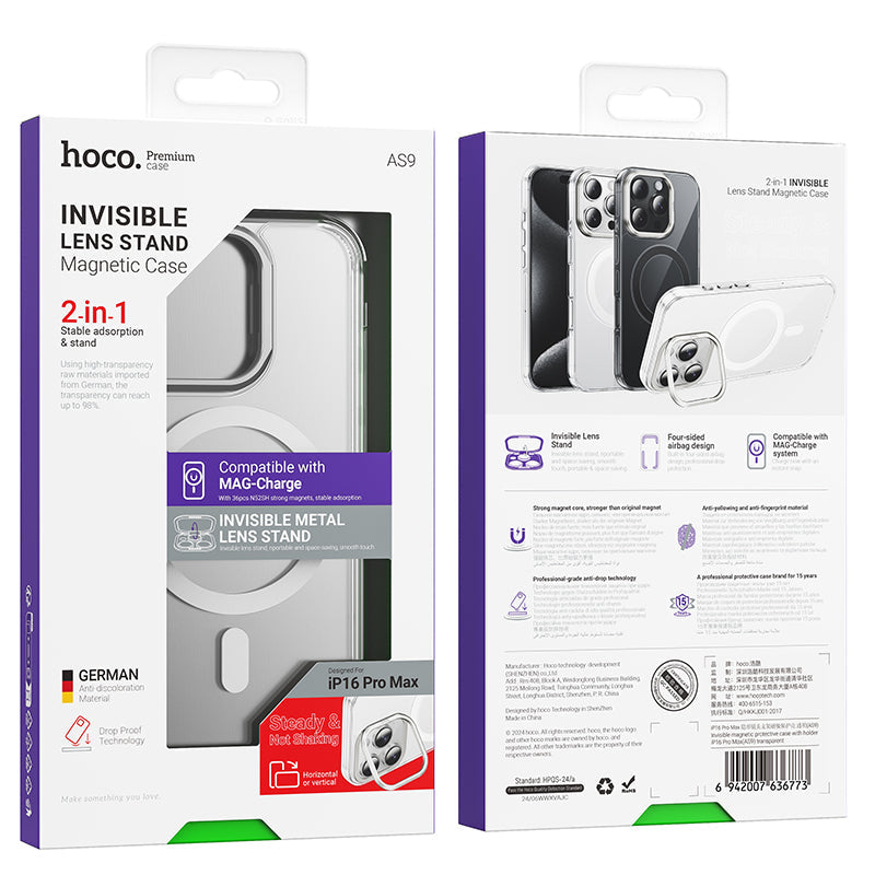 Hoco Premium Magnetic Clear Case w/ 4 Corner Air Cushion, Hidden Lens Stand, Germany Anti Yellowing Material (AS9) [ iPhone 16 Pro]
