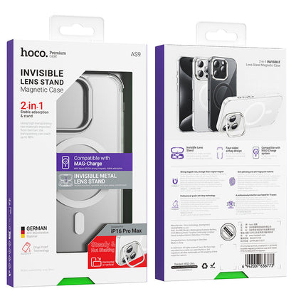 Hoco Premium Magnetic Clear Case w/ 4 Corner Air Cushion, Hidden Lens Stand, Germany Anti Yellowing Material (AS9) [ iPhone 16 Pro]