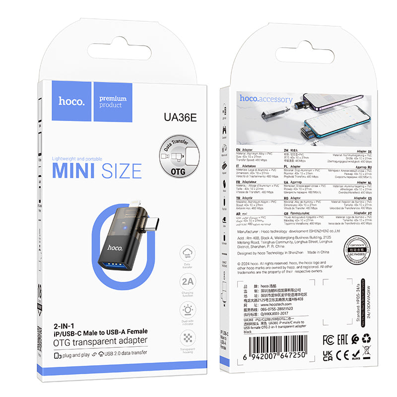 Hoco 2 in 1 OTG Adaptor w/ Lightning & USB-C male to USB-A female, Plug and Play, Data Transfer (UA36E)