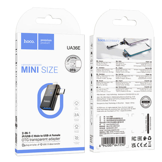 Hoco 2 in 1 OTG Adaptor w/ Lightning & USB-C male to USB-A female, Plug and Play, Data Transfer (UA36E)