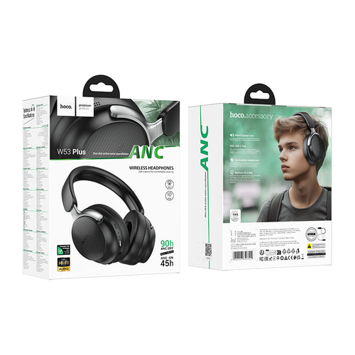 Hoco Premium Bluetooth Headset w/ 90 Hours, ANC Noise Cancelling, Light Weight Comfort Fit (W53 Plus) [Black]
