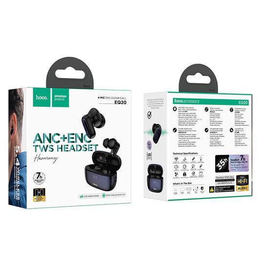 TWS Earbud w/ 7 Hour, Battery % Display, ANC+ENC Noise Cancelling, Glossy Black Case (EQ20)