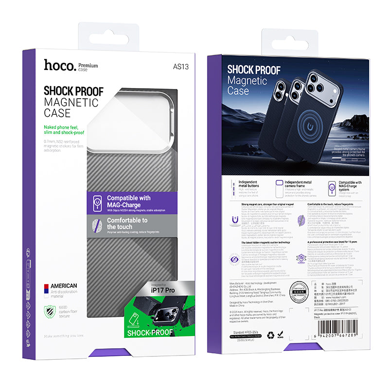 Hoco Magnetic Shock Proof Case w/ MagSafe Compatible, Premium T6000 Carbon Fiber Texture, Hidden Ring (AS13) - [ iPhone 17 Pro ]