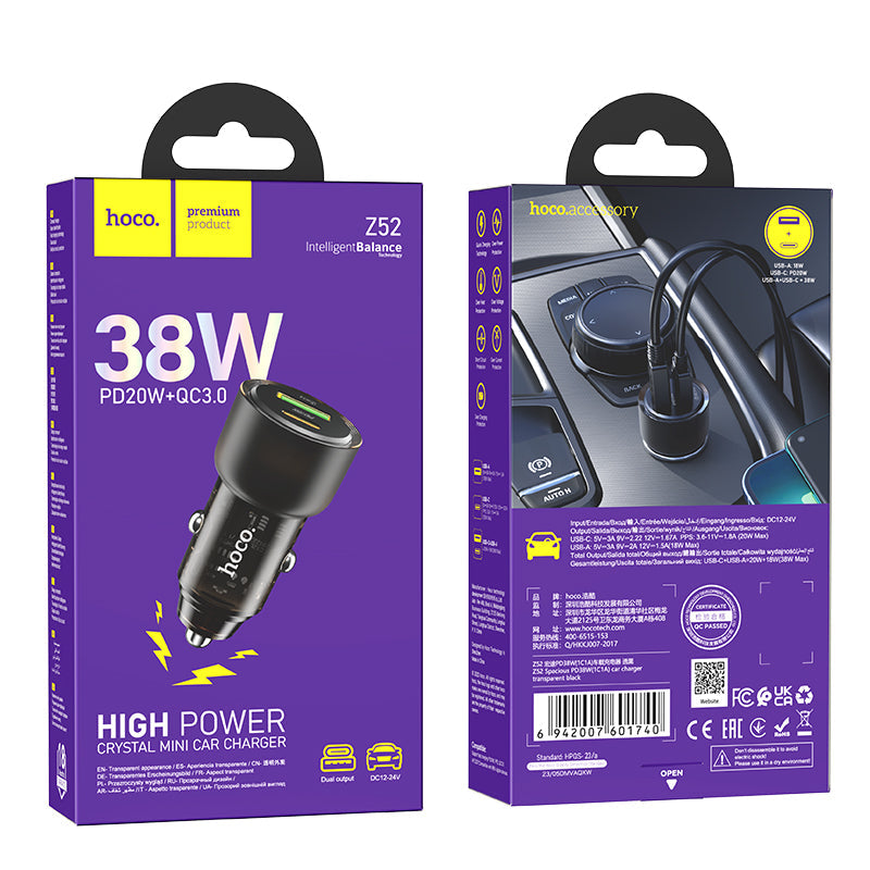 Hoco 38W PD+QC Super Fast Car Charger (Z52)
