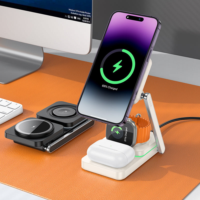 Hoco 15W 3-in-1 Magnetic Wireless Fast Charger with Foldable Stand (CQ10) White