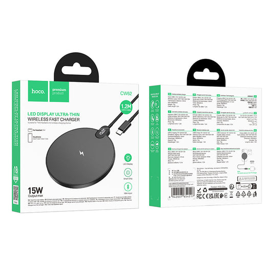 Hoco 15W Ultra Thin 2 in 1 Wireless Charger w/ LED Charge Status Display (CW62)