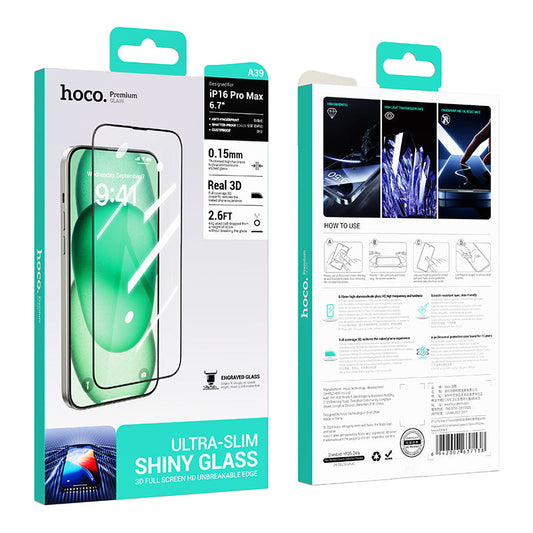Hoco Premium Ultra Slim Glass Screen Protector w/ 3D Coverage, Enhanced Smooth Coating (A39) [ iPhone 16]