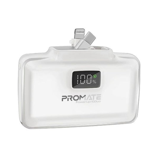 PROMATE 10000mAh Ultra-Compact Fast Charging Power Bank with In-Built Dual Folding USB-C & Lightning Connectors. Supports 20W PD, USB-C In/Out, Smart LED Battery Indicator. Black