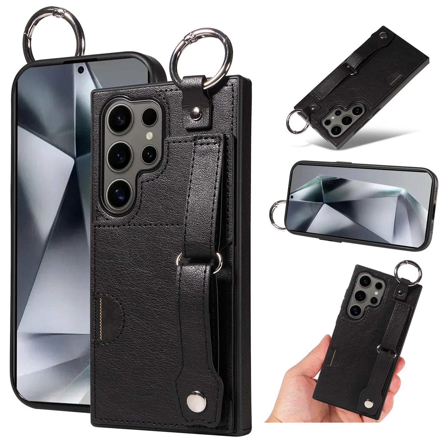 Samsung Galaxy S24 Ultra Hand Strap PU Card Case Black