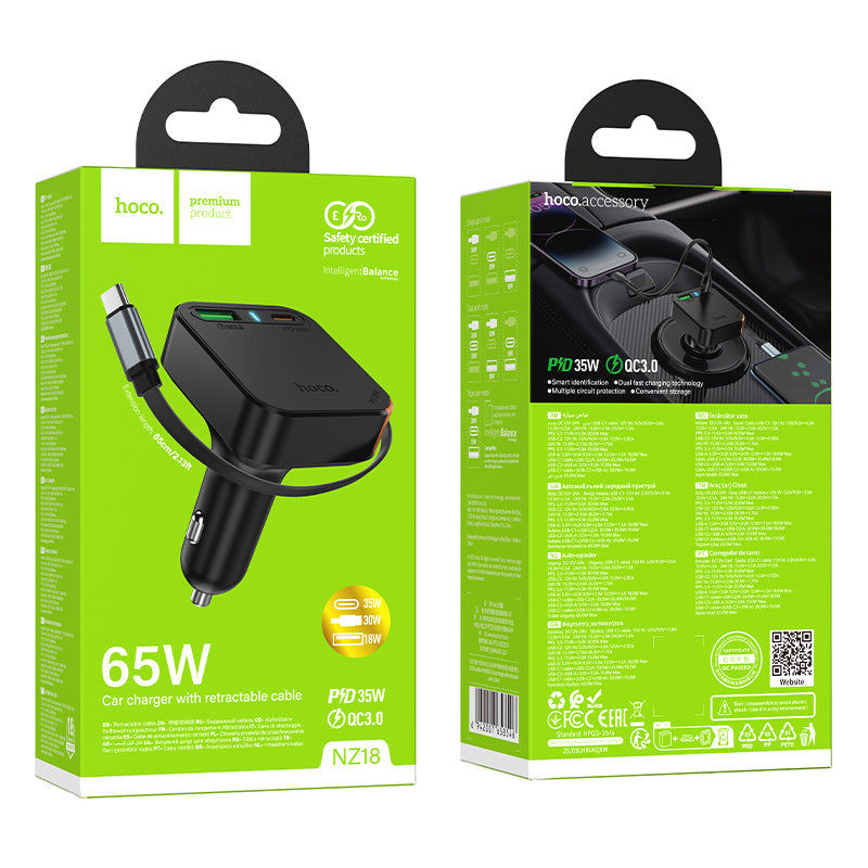 Hoco 60W 3 Outputs PD+QC Super Fast Car Charger w/ Retractable Type C Cable (NZ18)