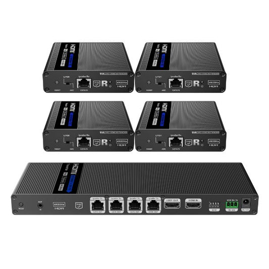 LENKENG 1-In-4-Out 4K@60Hz HDMI Extender. 1x HDMI in - 4x RJ45 out. PoC. Compatible with CAT6 & above. Transmit up to 70m - Plug & Play - Wall-mountable - Supports EDID - Includes 1x Transmitter & 4x Rx.